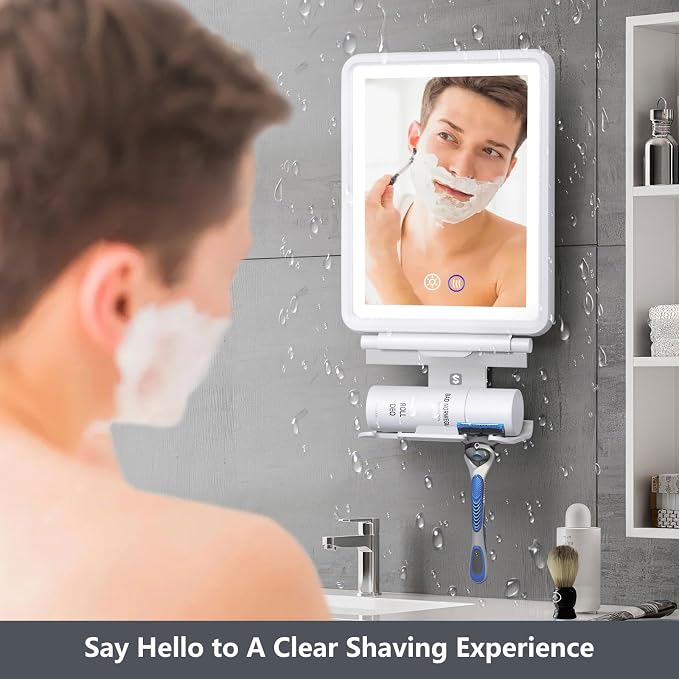 Heated Shower Mirror Fogless for Shaving, Anti-Fog Mirror for Shower | 3 Colors Stepless Dimmable Lights, 5000mAh Rechargeable Battery with Razor Holder, No-Drilling, Light Memory Function