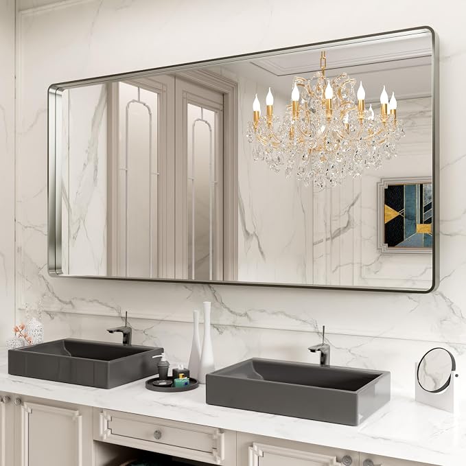 LOAAO 72X32 Inch Brushed Nickel Bathroom Mirror | Rounded Rectangle, Silver Metal Frame, Anti-Rust, Tempered Glass, Hangs Horizontally or Vertically