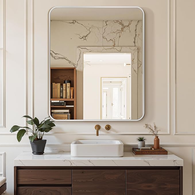 Delma Bathroom Vanity Mirror, Silver Framed Mirror for Over Sink, 36x30 | HD glass, distortion-free for makeup and grooming, Sturdy frame, all mounting hardware, hangs horizontal or vertical