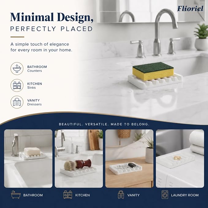 Ceramic Soap Dish Self Draining Soap Holder Bathroom Sink | White Porcelain Soap Tray Self Draining Keeps Soap Dry Anti Slip Silicone Pads Easy Clean Modern Minimalist Bathroom Shower