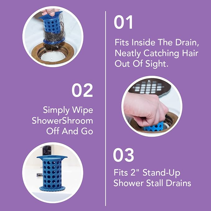 ShowerShroom the Revolutionary 2" Stand-Up Shower Stall Drain Protector Hair Catcher/Strainer, Blue