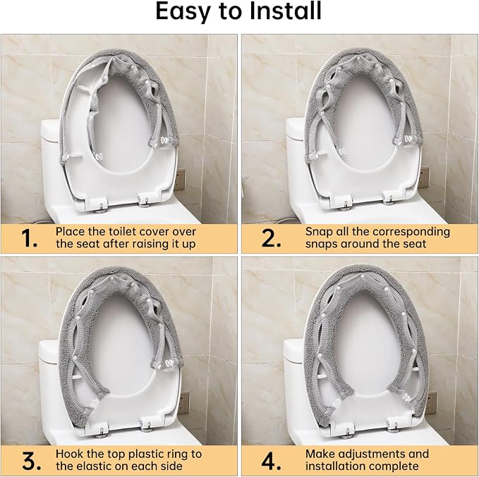 Toilet Seat Cover with Snaps Fixed,Thick Warmer,Machine Washable(grey) | soft thicker warm,easy to install,stretchable,non slip pad,stay in place,universal size,fit most toilet,reusable portable
