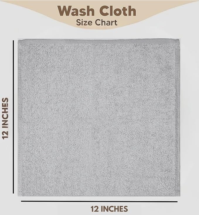 Towel and Linen Mart 100% Cotton - 12 Pack Wash Cloth Set - Flannel Face Cloths, Highly Absorbent and Soft Feel Fingertip Towels (Silver, Pack of 12)