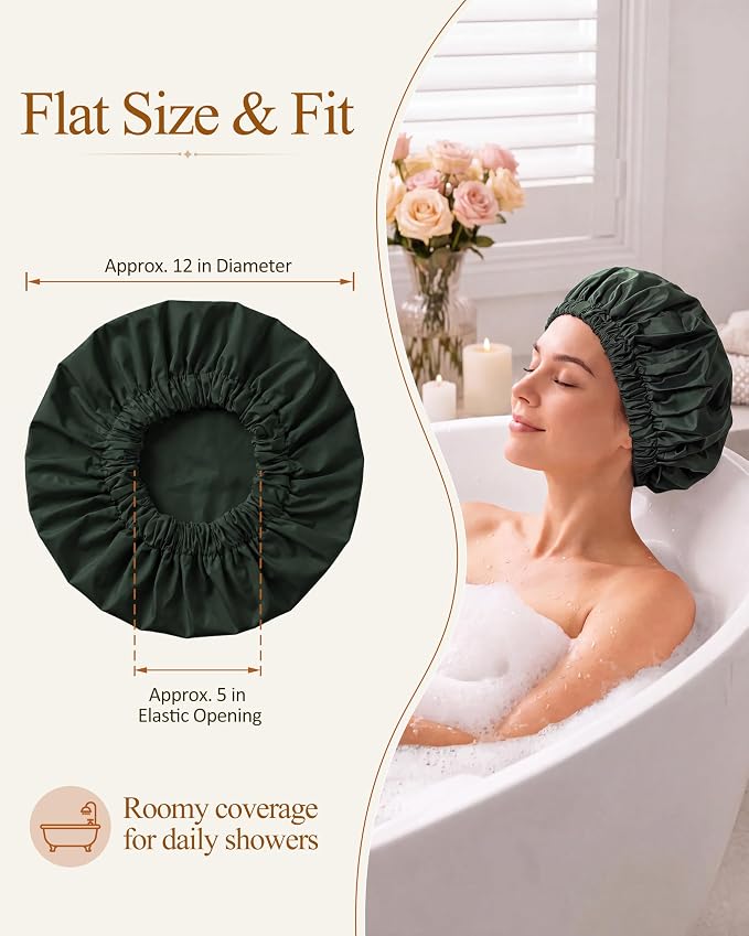 Edoneery Shower Caps for Women Reusable Waterproof, Shower Hair Cap | Washable Bonnet, Wide Elastic Band, Large Fit, Holds Long Hair, Braids Friendly, Bath Accessories, Spa, Travel