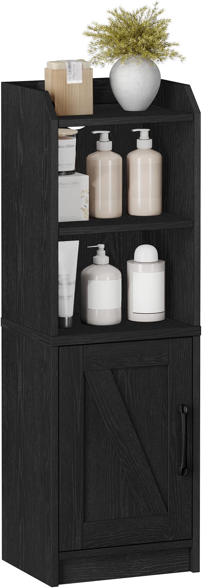 Hzuaneri Bathroom Storage Cabinet, Small Farmhouse Corner Floor Cabinet with Door and Shelves, Narrow Toilet Paper Holder Stand, Bathroom Organizer with Adjustable Shelf, for Small Spaces, Black