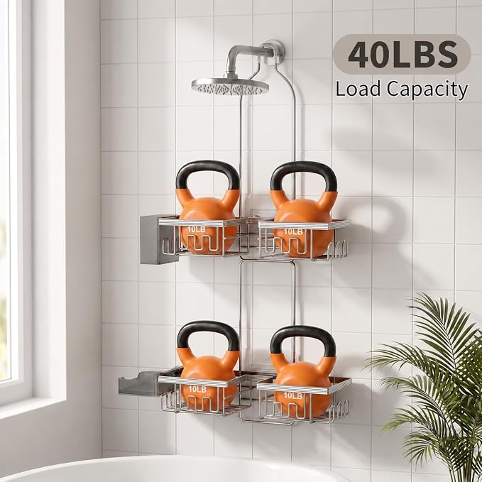 Shower Caddy Hanging for Handheld Showerheads, Rustproof, Black | Anti-Swing, Split Design, Shower Organizer with Hooks, Soap Holder and Toothbrush Holder, No-Drill Bathroom Storage