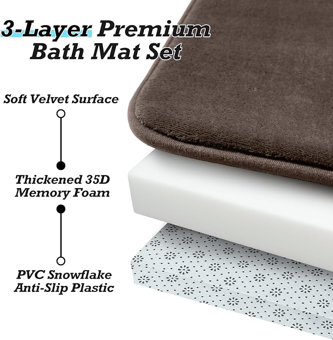 Bathroom Rugs Sets 2 Piece, Non-Slip & Quick Dry Bath Mat Set, Ultra Soft Velvet Bath Rugs for Bathroom, Toilet and Shower Floor, Brown