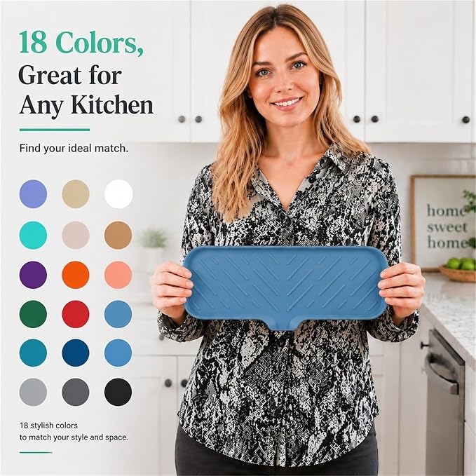 MicoYang Silicone Soap Dish with Drain Spout — Self-Draining Double Sink Organizer Tray for Kitchen & Bath, Dispensers, Sponges & Soap Holder, Non-Slip & Dishwasher Safe, Lichen Blue (Large, 12"×4")