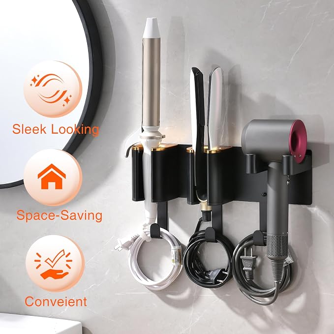 Hair Tool Organizer Wall Mount, Hair Dryer Curling iron Organizer | Hair Tools Holder with Cord Hooks, Straightener Holder, Aluminum Alloy & ABS, Black and Gold Color (Not Including Hair Tools)