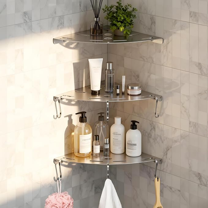 3 Pack Corner Shower Shelves, 304 Stainless Steel Corner Shelf Bathroom with 6 Hooks 40 lbs Heavy Duty, Durable for Inside Shower Brushed Nickel Drilling Installation(Silver