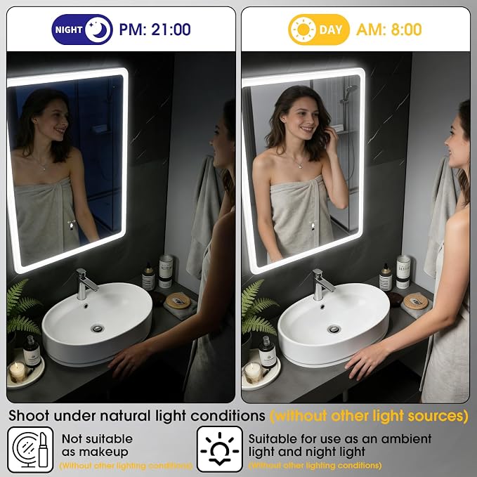 LED Bathroom Mirror, 20x28 in Vanity Mirrors with Backlit Lights for Shaving, Fogless Makeup Mirror Wall Mounted with Demister, Dimmable 3 Color Lighting, IP54, Hand Swipe, Vertically Only