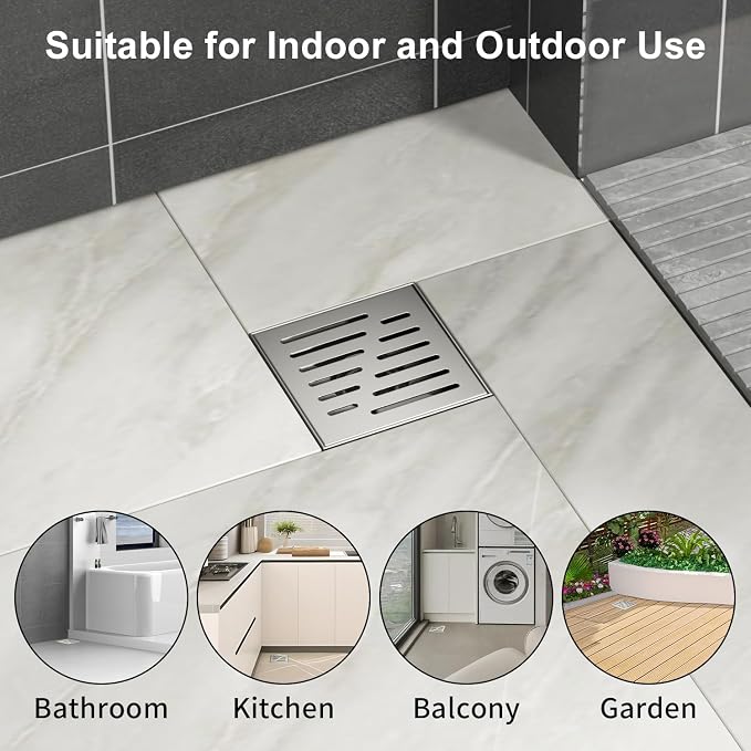 6 Inch Square Shower Drain, EMBATHER 304 Stainless Shower Floor Drain and Shower Drain Cover Included Hair Catcher and Leveling Feet, Brushed Nickel