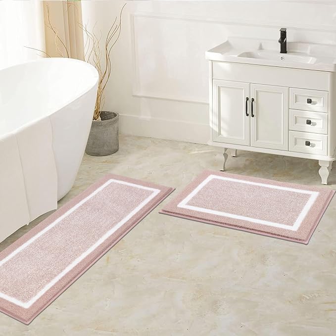 Pauwer Bathroom Rugs Sets 2 Piece, Non Slip Washable Bath Mat, Dusty Pink | Soft Plush Microfiber, Super Absorbent Floor Carpet, Quick Dry, Shaggy Shower Rug Runner