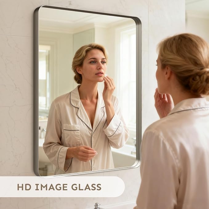 32"x24"Bathroom Vanity Mirror for Wall Aluminum Framed Farmhouse Rectangle | Anti-Rust, HD Reflection Anti-Desilvering, Distortion Free, Tempered and Shatter-Proof Wall Mounted Mirror, Brushed Nickel
