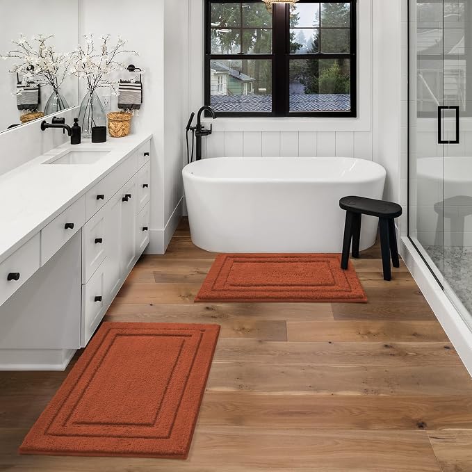 HOMEIDEAS Bathroom Rugs Sets 2 Piece, Soft Non Slip Bath Mat Burnt Orange | Ultra Absorbent, Microfiber Machine Washable Bath Rug Set, for Bathroom, Tub, Shower 20" x 32" + 16" x 24"