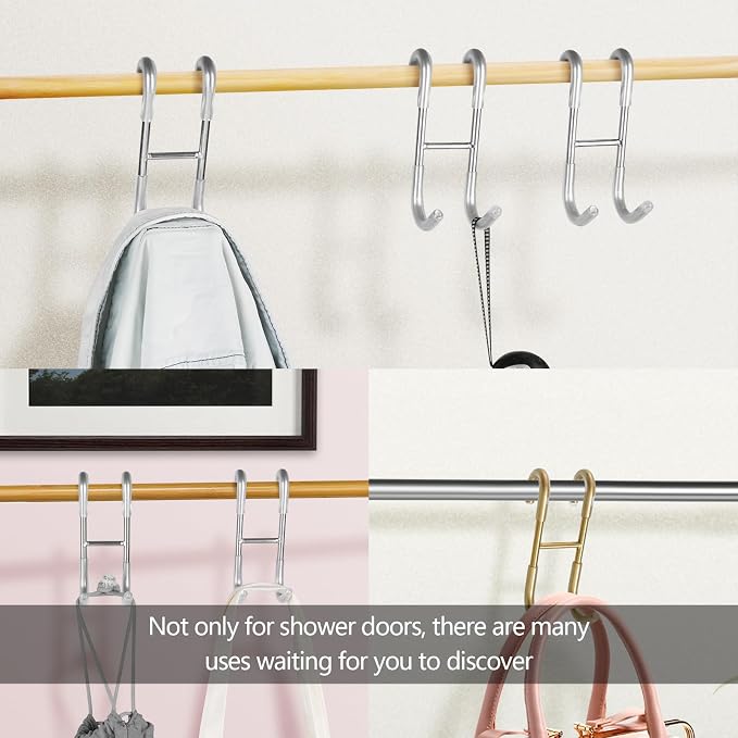 NINETREX Shower Door Hooks,Over Glass Door Hooks for Bathrooms Frameless Glass,Heavy Duty SUS 304 Stainless Steel Hook for Towels,Squeegee,Loofah,Shaver,Robe,2 Pack,Gold