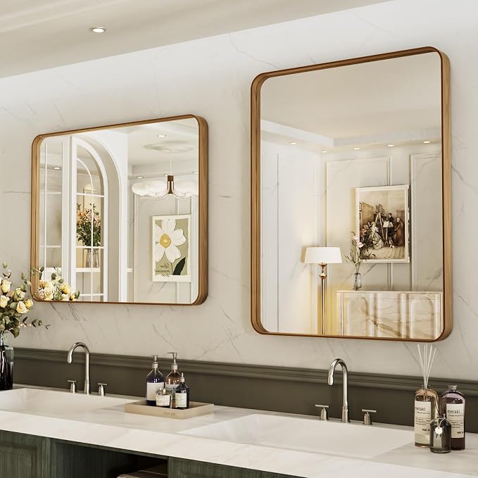 LOAAO 20X30 Inch Bathroom Mirror with Wood Grain Colored Metal Frame | Rounded Rectangle Metal Framed, Anti-Rust, Hangs Horizontally or Vertically, Tempered Glass
