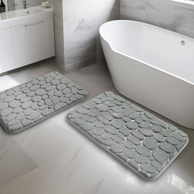 YIHOUSE Bathroom Rugs Mat Set, Memory Foam Bath Mat 2 Piece Gray | 17x24&20x32, Non Slip, Water Absorbent, Washable, Bath Mat For Bathroom, Sink and Toilet