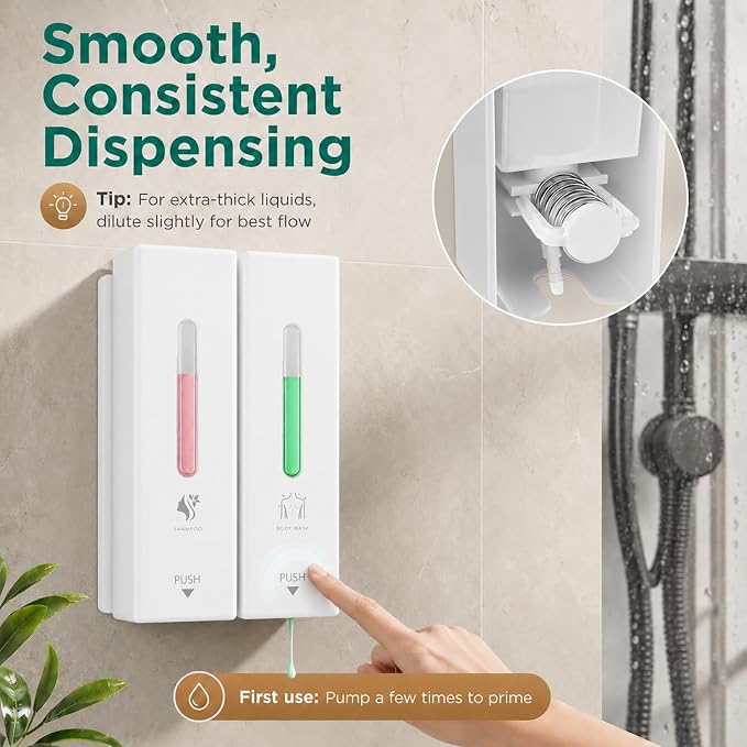 Shampoo and Conditioner Dispenser Wall Mounted, 3-Chamber Shower Soap Dispenser for Bathroom, 1200ML Large Capacity, No-Drill Installation, Clog-Free Pump for Thick Liquids (white-2-pack)