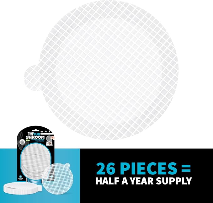 TubShroom Toss 26pk Disposable Drain Covers - Hair Catcher Mesh Sticker Strainers for Shower Bathtub and Bathroom Sink Drains to Prevent Clogged Drains, Half Year Supply