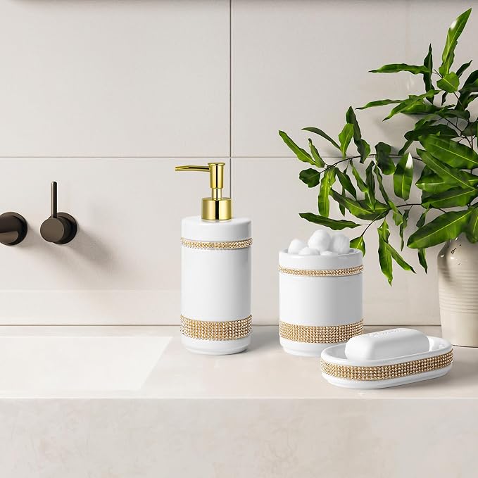 RQYIXI Ceramic 5-Piece Bathroom Accessories Set, Diamonds with White | white ceramic Cotton Swab Jar modern countertop organization