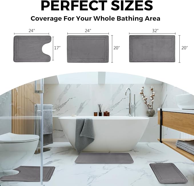 Memory Foam Bath Mat Grey Bathroom Rug Set of 2 Non-Slip Washable Bathmat | Soft Floor Mats Absorbent Plush Microfiber Shower Tub Bathmat Gray