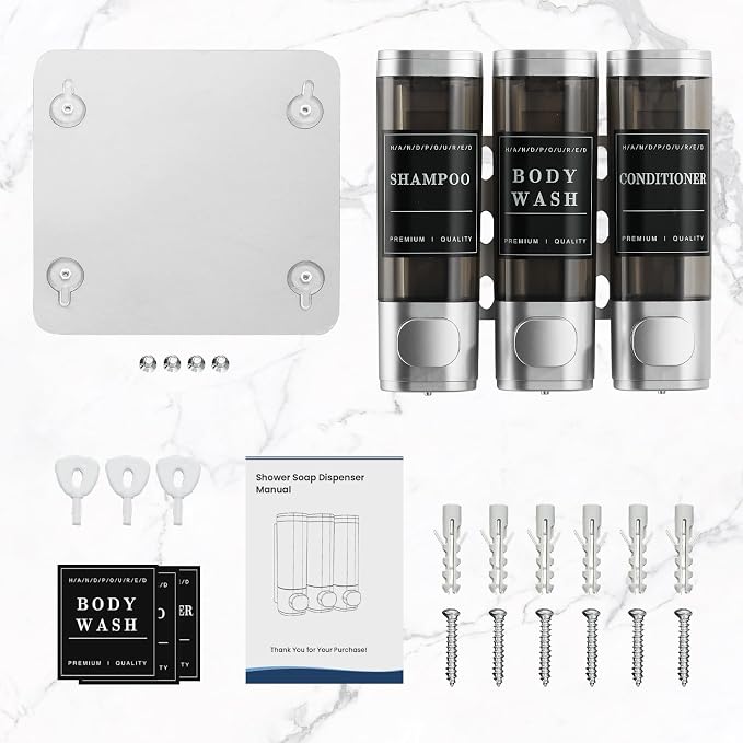 Shampoo and Conditioner Dispenser,Shower Dispenser 3 Chamber No Drill Wall-Mounted Shampoo Dispenser for Shower Wall Mounted Shower Soap Dispenser for Bathroom Hotel Large Capacity,Light Silver