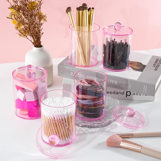 6 Pcs Acrylic Qtip Holder, Cotton Ball Holder Jars with Lids, Pink | Apothecary Jars for Cotton Swabs, Balls, Pads and Floss Picks, Bathroom Vanity Organizer