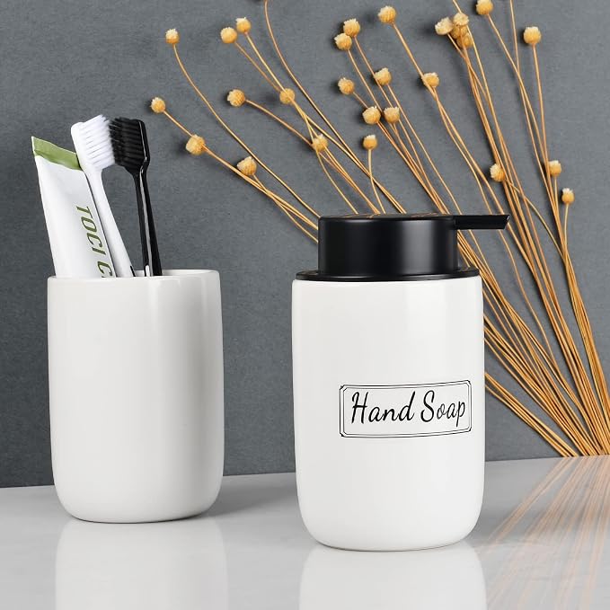 BosilunLife White Soap Dispenser Set - 2 Pack 12oz Ceramic Soap Dispenser | with Rust Proof Pump for Kitchen, Hand Soap and Lotion Set Suitable for Farmhouse Bathroom Decor with Waterproof Labels