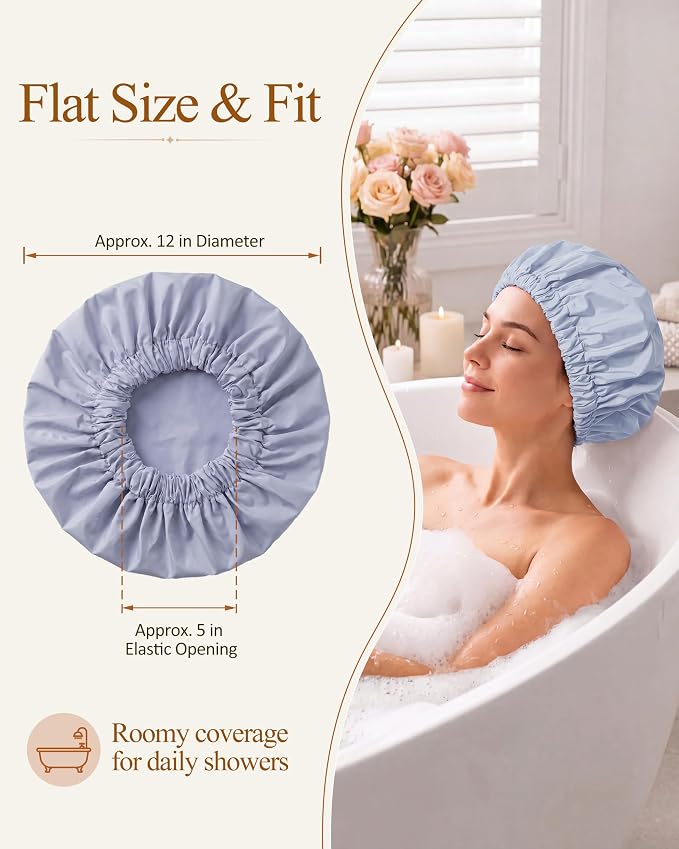 Edoneery Shower Caps for Women Reusable Waterproof, Shower Hair Cap | Washable Bonnet, Wide Elastic Band, Large Fit, Holds Long Hair, Braids Friendly, Bath Accessories, Spa, Travel