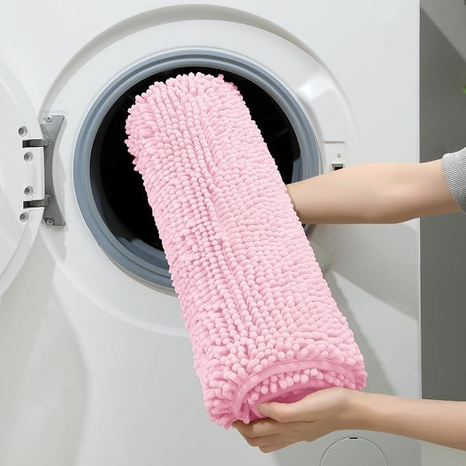 HOMEIDEAS Light Pink Chenille Bathroom Rugs Set of 3, Non Slip Bath Mat | Super Absorbent, Soft Microfiber, Machine Washable, Stain Resistant, for Bathroom Decor