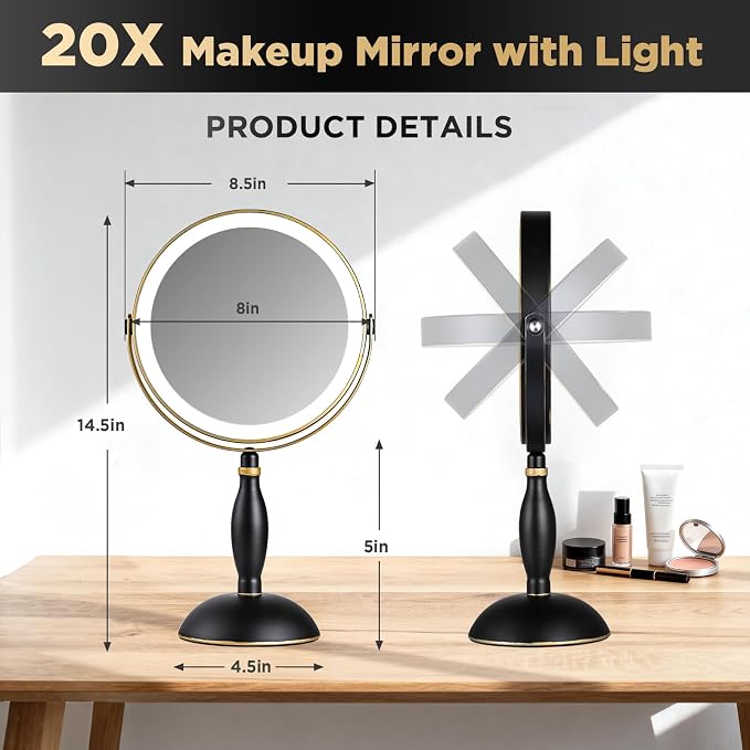 Lighted Makeup Mirror, 20x Magnifying - Matte Black with Gold Trim | Rechargeable Double Side Vanity Mirror, 3 Colors with Brightness Adjustable, Modern Style Side Touch & Charge, Women Gift