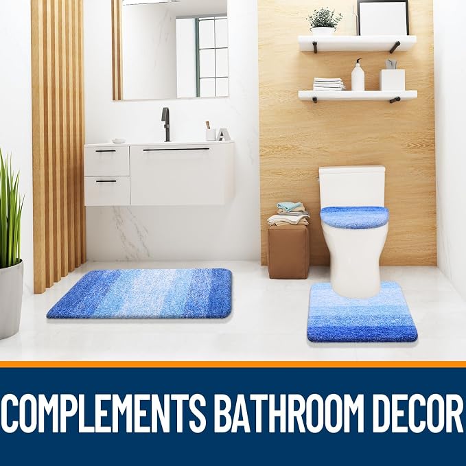OLANLY Bathroom Rugs Sets 3 piece, Soft Microfiber Absorbent Bath Mat, U-Shaped Contour Toilet Mat and Toilet Lid Cover, Machine Washable, Toilet Cover and Rug Set for Bathroom, Light Royal Blue