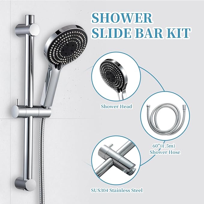 OFFO Shower Slide Bar Combo, Adjustable 21 in Slide Bar with 6-Mode High Pressure Handheld Shower Head and 60 in Stainless Steel Hose, Screw Wall Mounted, Chrome