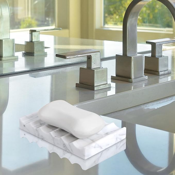 Luxury Marble Soap Dish Tray,Rectangle Stone Marble Soap Tray,Self Draining Soap Holder for Bathroom, Kitchen (Carrara White)