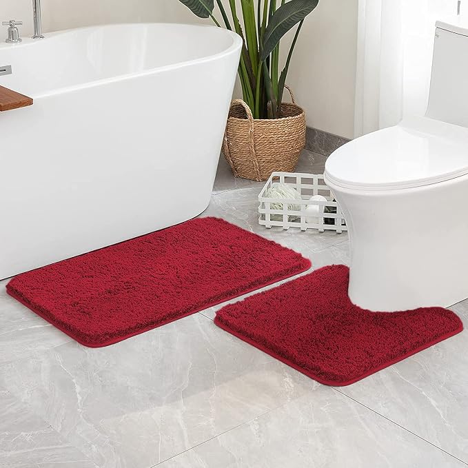 MIULEE Red Bathroom Rugs Set 2 Piece Soft Bath Mats 20x20+20x32 Inch | Absorbent Microfiber Bath Mat and U-Shaped Toilet Rug, Non Slip, Quick Dry, for Bathroom Floor Tub Showers, Machine Washable