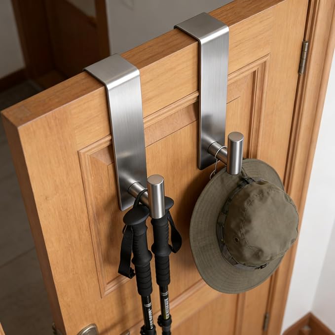 PMMASTO 2-Pack Over The Door Hooks - Rustproof Stainless Steel Door Hangers for 1-3/4 Inch Doors, Non-Marking and Tool-Free Easy Install (Silver, T Shape)