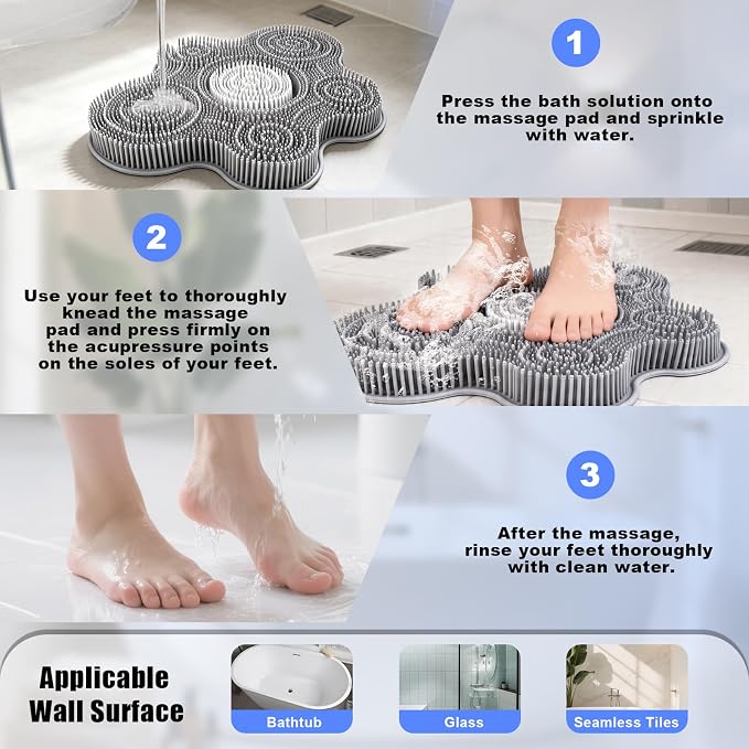 Kalolary Silicone Shower Foot Scrubber Mat,Back Exfoliating Cleaner Foot Scrubber in Shower with Non-Slip Suction Cups Cleaner Brush to Exfoliate and Massage Feet Without Bending Over (Flower)