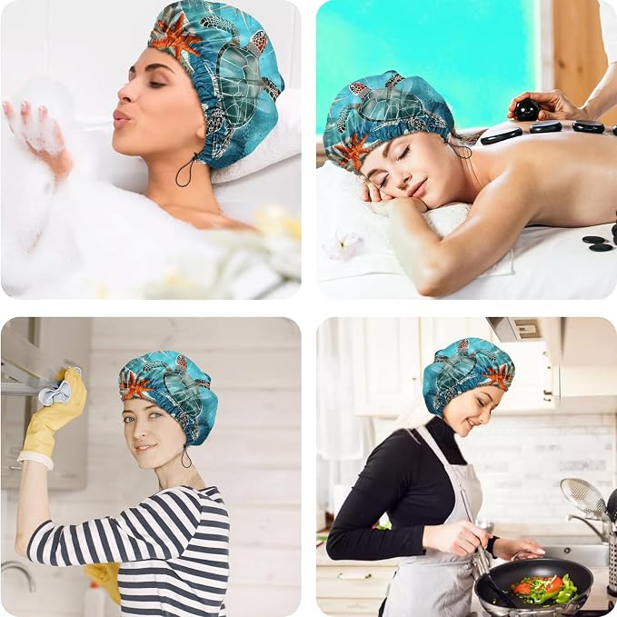 2 PCS Shower Cap Reusable Waterproof Double Layers Hair Caps Shower Bath Adjustable Elastic Hat for Women Girls Cute Aesthetic-Beach Sea Turtle