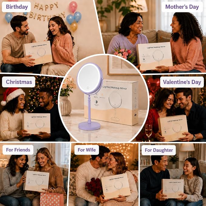 DEIOVWXS Makeup Mirror, Rechargeable Vanity Mirror with 3 Lights, 1X/10X | Adjustable Brightness, 3000mAh, Double-Sided, Gift for Mom, Women, Wife, Girls, Dorm Room Essential
