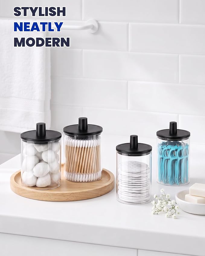 Glass Qtip Holder Dispenser - 4 Pack, Bathroom Decor and Organizer | Clear Canister Apothecary Jars with Lids for Cotton Swabs, Balls, Pads, Floss Picks, Vanity Bathroom Accessories Storage Set