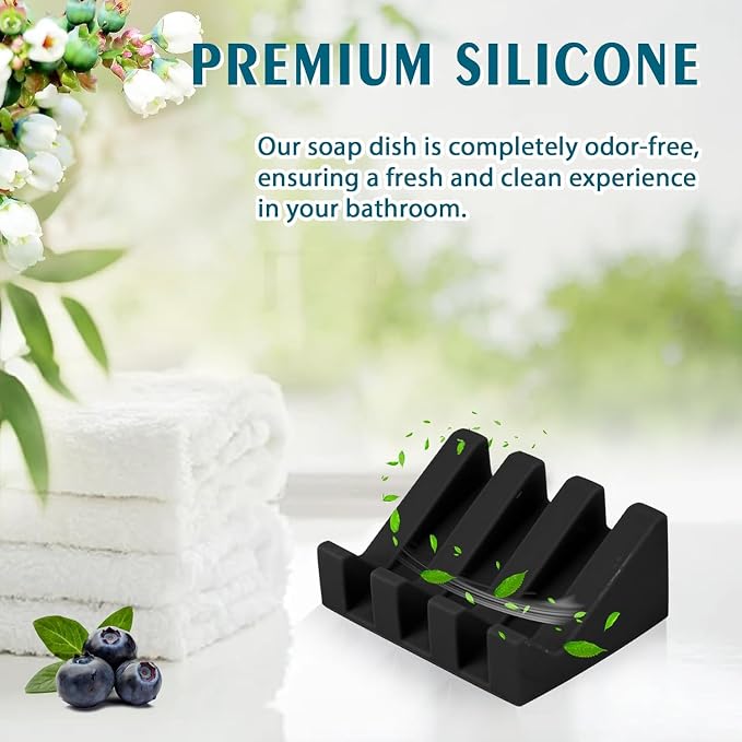 Silicone Soap Dish Self Draining with Suction Cups (Black, 1 Pack) | Waterfall drainage design drains fast to keep soap dry silicone soap saver with reusable suction cups for bathroom & kitchen