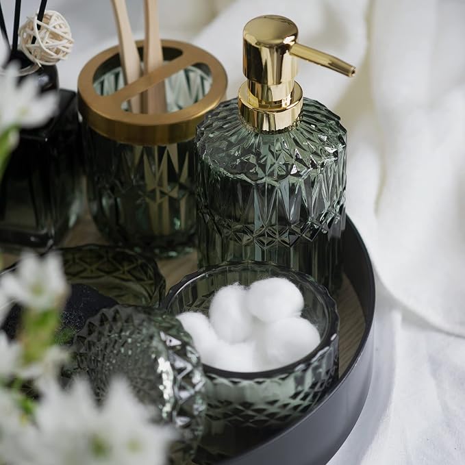 EMPO 6PCS Bathroom Clear Glass Accessories Set (Lotion Soap Dispenser, Soap Dish, Toothbrush Holder, Tumbler, Cotton Swab Jar), Contemporary Modern Decor Crystal Vintage Gift (6pcs Green)