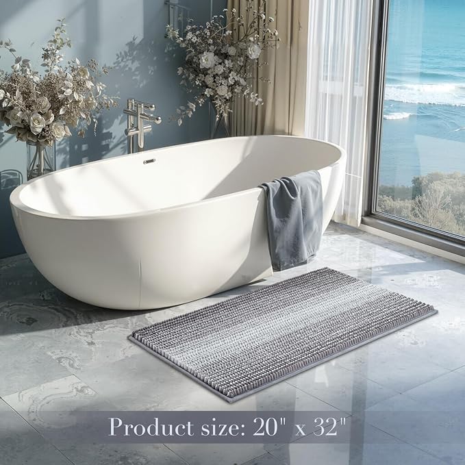 Bathroom Rugs, 20x32 Chenille Bath Mats, Stone Blue | Extra Soft Absorbent, Non Slip Striped, Quick Dry Machine Washable, Shower Rug for Bathroom Bedroom Decor