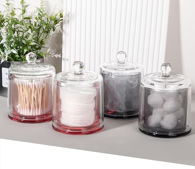 Qtip Holder Apothecary Jars with Lid, 2 Pack Thick Glass, Gray | Bathroom Canisters Vanity Organizer for Cotton Balls, Swabs, Candy, Jewelry, Makeup Storage, Bathroom Decor