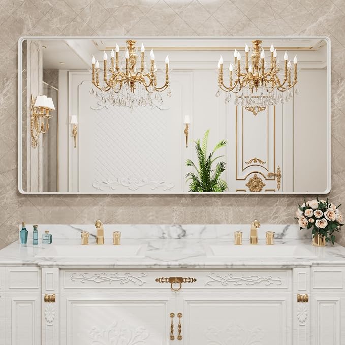 LOAAO White Metal Framed Bathroom Mirror, 72x36 Inch | Rounded Rectangle, Anti-Rust, Tempered Glass, Hangs Horizontally or Vertically