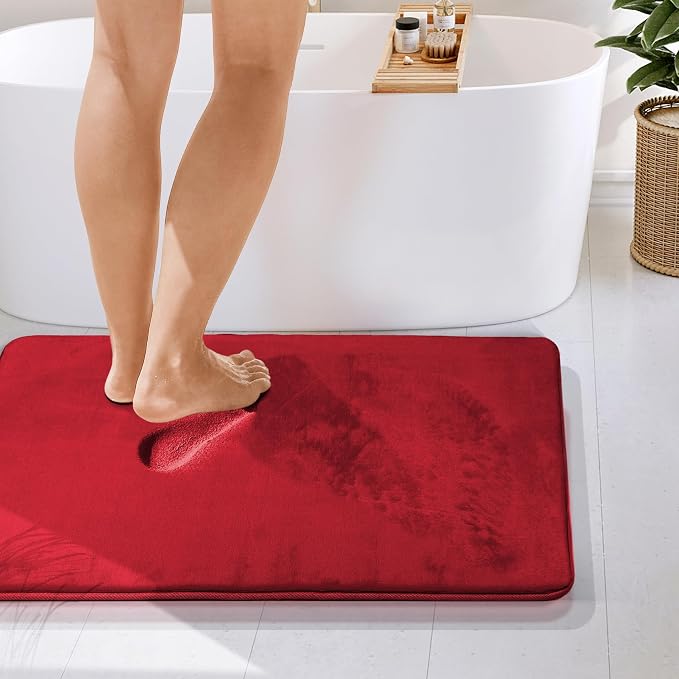 Clara Clark Bathroom Rugs, Velvet Memory Foam Bath Mat, Non-Slip Bath Rugs, Machine Wash, Dries Quickly, Ultra Soft Plush Bath Mats for Bathroom, 24 x 36, Red