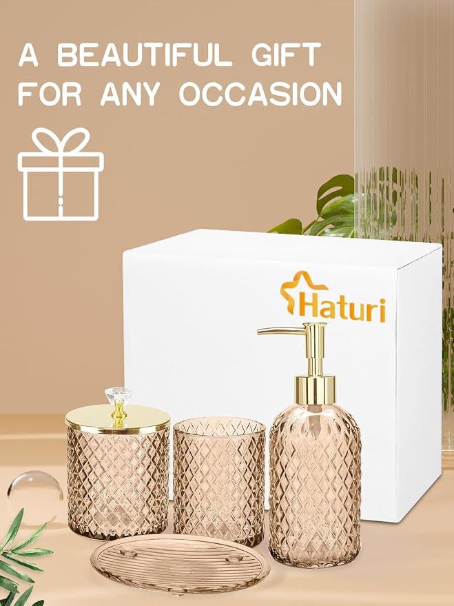 Haturi Glass Bathroom Accessories Set, Amber Brown Bathroom Set, 4 Pcs | Kit w/ Bathroom Soap Dispenser Set, Toothbrush Holder, Qtip Holder, Soap Dish, Brown Bathroom Decor, Gift for Home Apartment