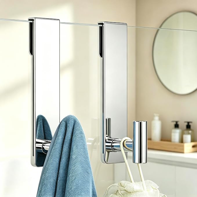 HUFEEOH Shower Door Hooks, Heavy Duty Stainless Steel Over The Glass Door Hanger, T Shape Bathroom Towel Robe Coat Rack Hooks, Tool-Free Installation (Fits 3/8" Thick Door - T Shape - 2 Pack)