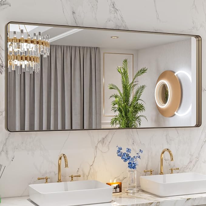 LOAAO 60"X28" Bronze Bathroom Mirror | Rounded Rectangle, Brushed Bronze Metal Frame, Anti-Rust, Tempered Glass, Hangs Horizontally or Vertically